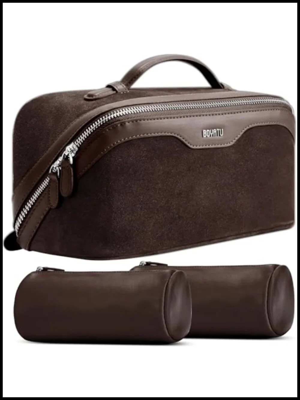 Genuine Suede Leather Travel Makeup Bag, Handmade Cosmetic Organizer Set 3